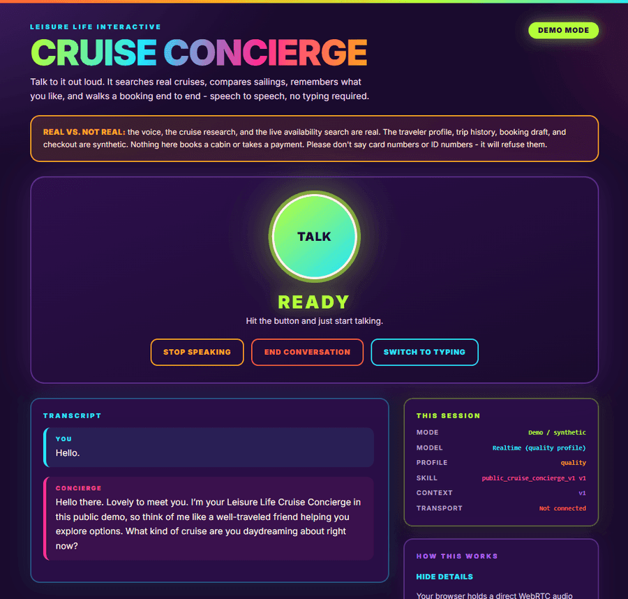 The Leisure Life Cruise Concierge voice demo, showing a push-to-talk control in a ready state, a live transcript of the spoken conversation, and a session panel listing the realtime model, skill, and transport status.
