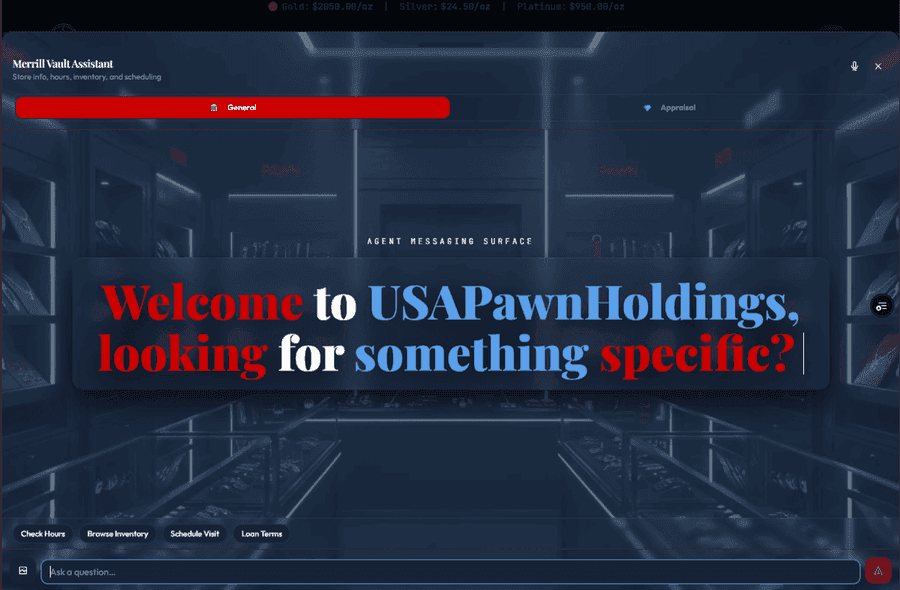 The Merrill Vault Assistant chat surface on the USA Pawn site, showing a live gold, silver, and platinum price ticker, General and Appraisal conversation modes, and quick actions for checking hours, browsing inventory, scheduling a visit, and loan terms.